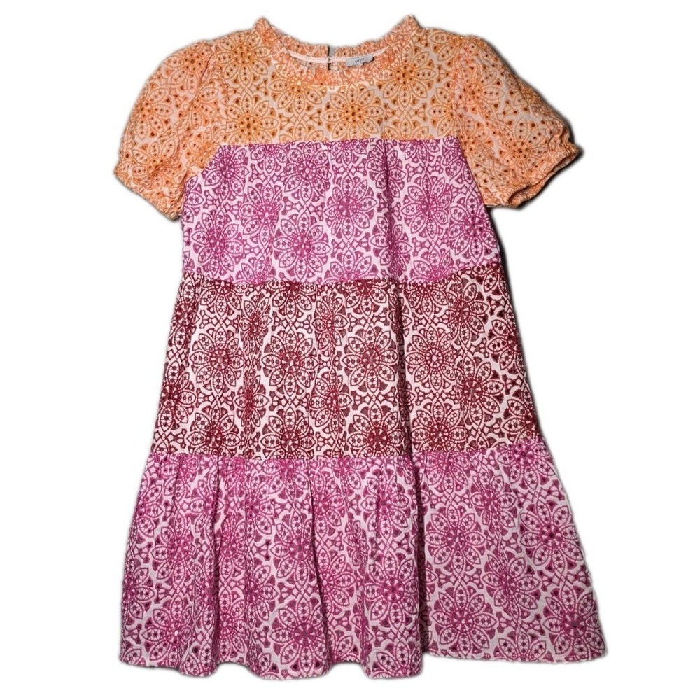 Voy Paisley Colorblock Boho Cotton Tiered Dress Size Medium V-Neck/Puff‎ Sleeves